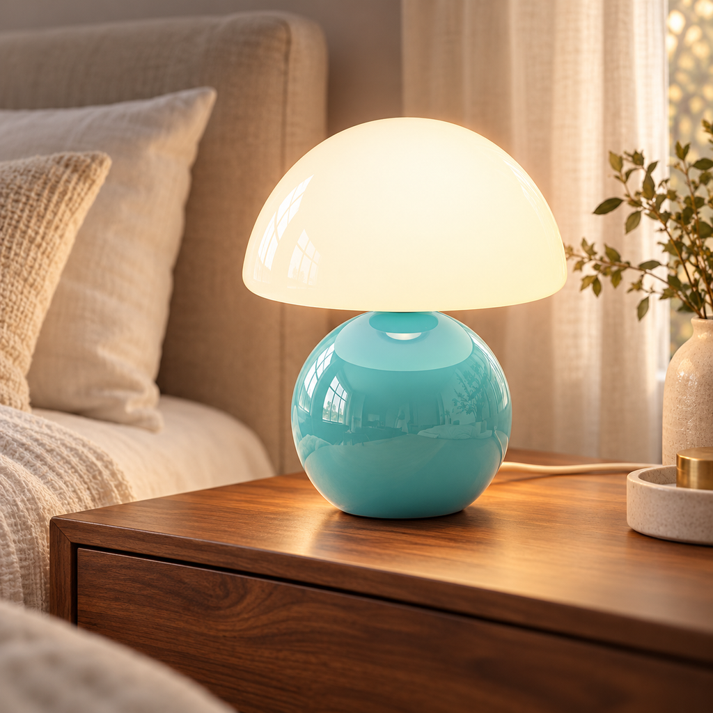 Blue ceramic mushroom lamp with a glossy rounded base and a white glass dome shade on wooden bedside furniture in a softly lit bedroom.