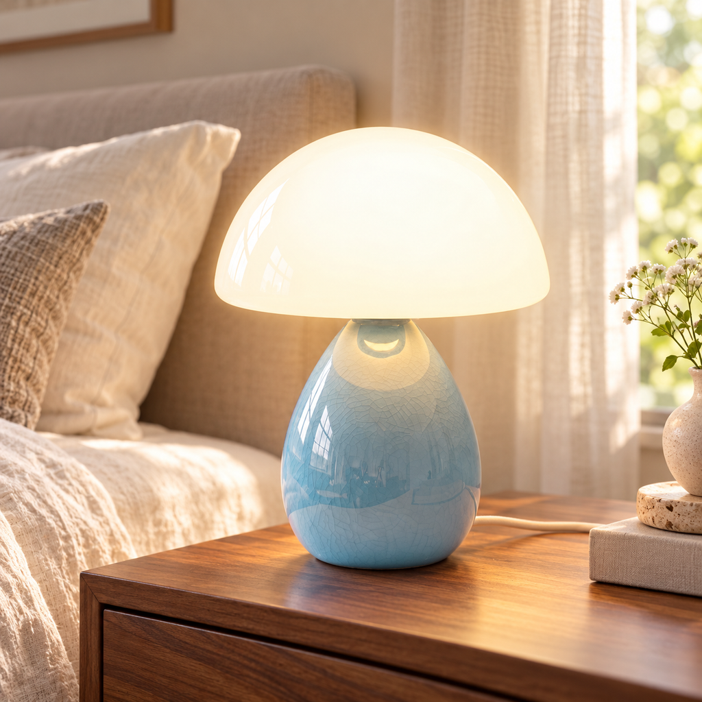 Blue-Ice Crackle ceramic mushroom lamp with a crackle-glazed teardrop base and a white glass dome shade on wooden bedside furniture in a softly lit bedroom.