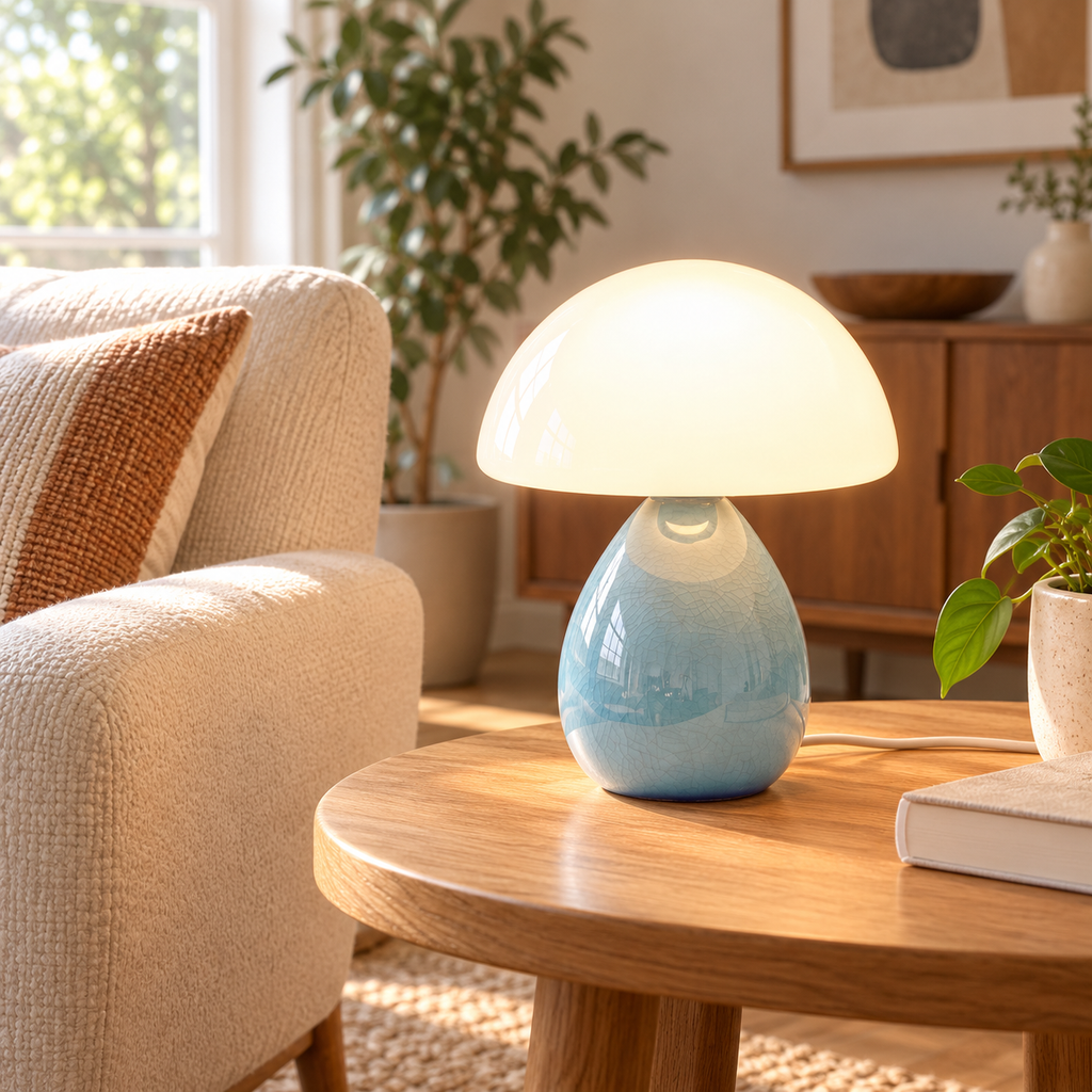 Blue-Ice Crackle ceramic mushroom lamp with a crackle-glazed teardrop base and a white glass dome shade on wooden furniture in a naturally lit living room.