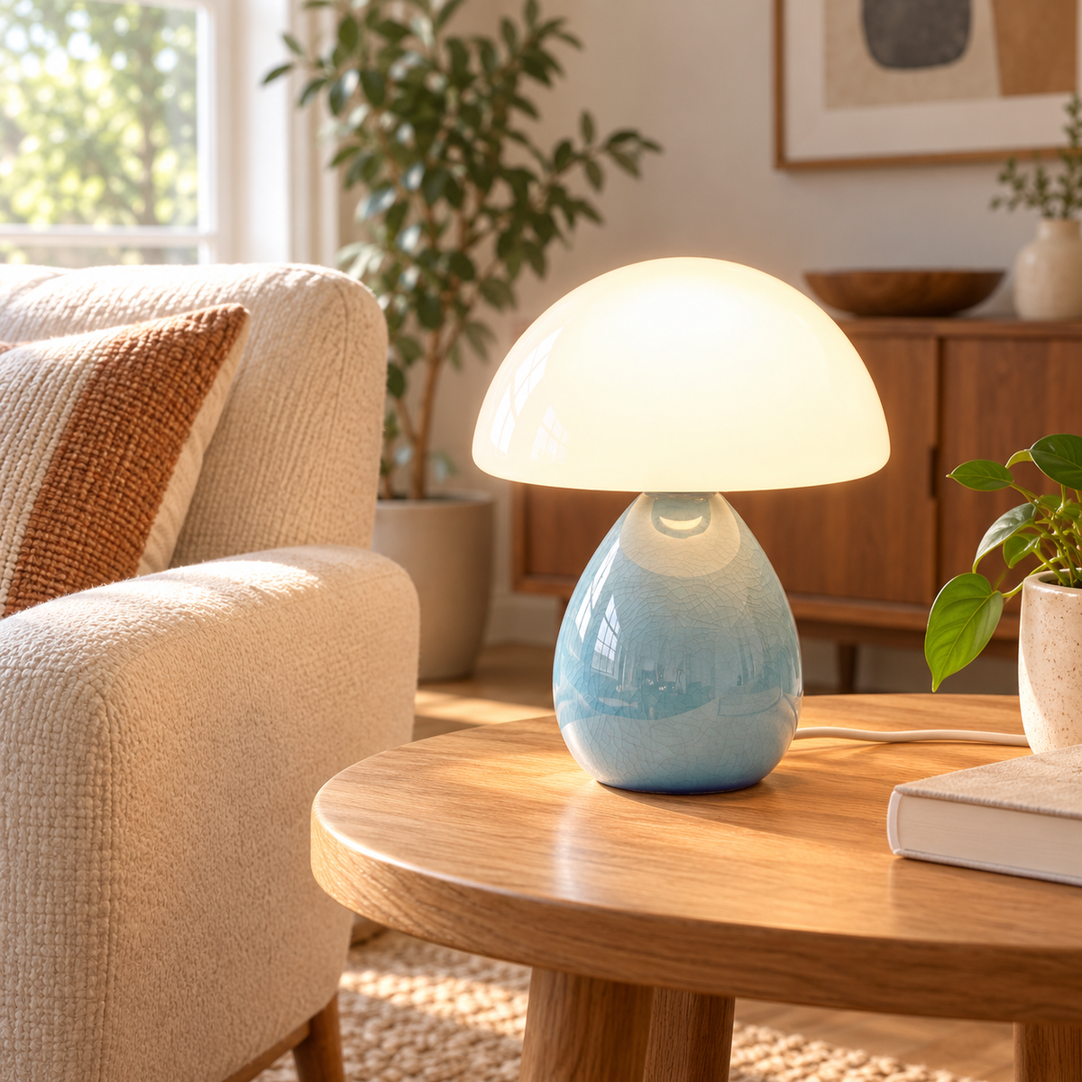 Blue-Ice Crackle ceramic mushroom lamp with a crackle-glazed teardrop base and a white glass dome shade on wooden furniture in a naturally lit living room.