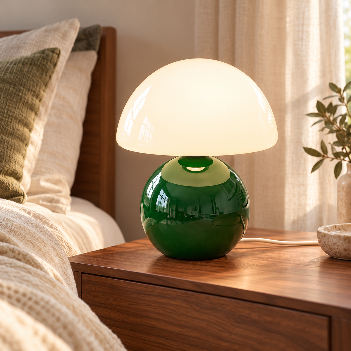 Christmas Green ceramic mushroom lamp with a glossy rounded base and a white glass dome shade on wooden bedside furniture in a softly lit bedroom.