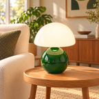 Christmas Green ceramic mushroom lamp with a glossy rounded base and a white glass dome shade on wooden furniture in a naturally lit living room.