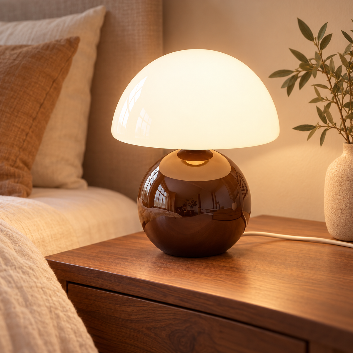 Coffee ceramic mushroom lamp with a glossy rounded base and a white glass dome shade on wooden bedside furniture in a softly lit bedroom.