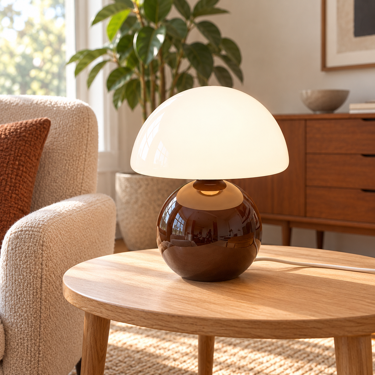 Coffee ceramic mushroom lamp with a glossy rounded base and a white glass dome shade on wooden furniture in a naturally lit living room.