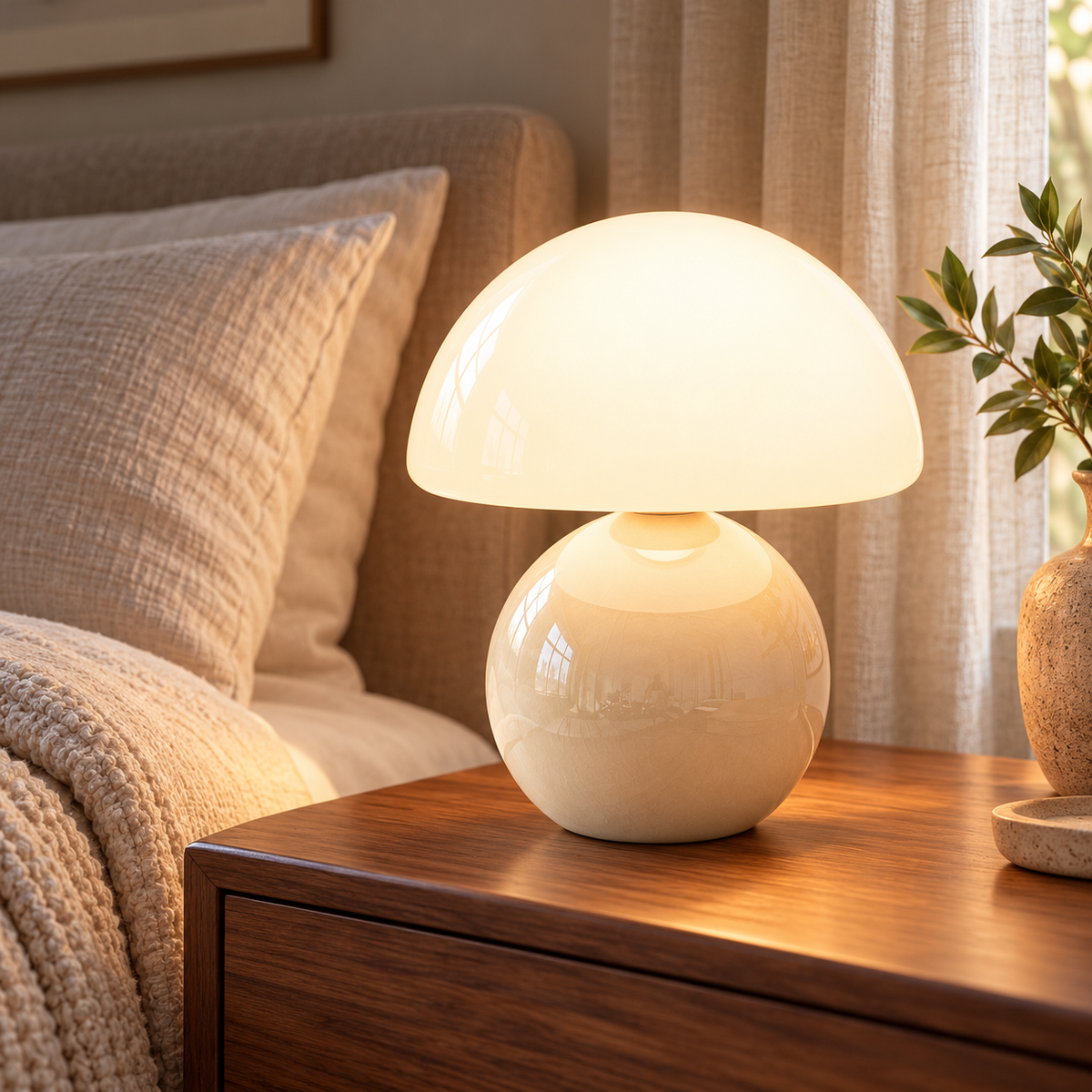 Cream ceramic mushroom lamp with a glossy rounded base and a white glass dome shade on wooden bedside furniture in a softly lit bedroom.