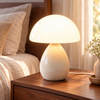 Cream-Ice Crackle ceramic mushroom lamp with a crackle-glazed teardrop base and a white glass dome shade on wooden bedside furniture in a softly lit bedroom.