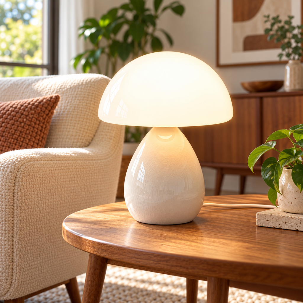 Cream-Ice Crackle ceramic mushroom lamp with a crackle-glazed teardrop base and a white glass dome shade on wooden furniture in a naturally lit living room.