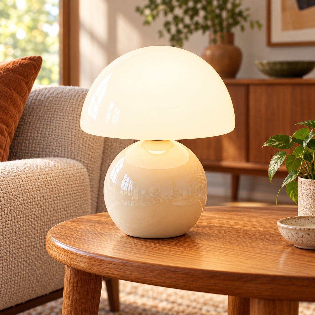 Cream ceramic mushroom lamp with a glossy rounded base and a white glass dome shade on wooden furniture in a naturally lit living room.