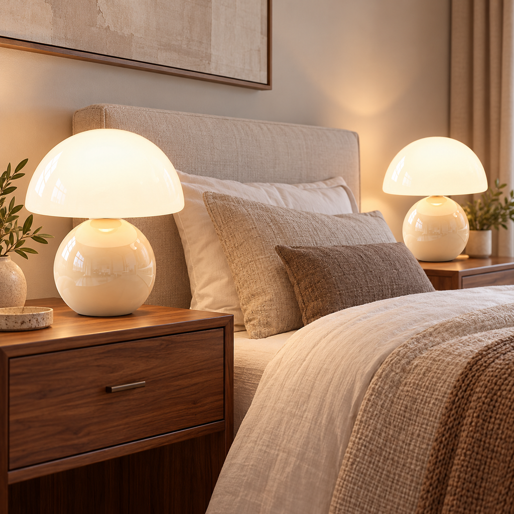 Two cream ceramic mushroom lamps with white glass dome shades on wooden bedside furniture in a softly lit bedroom.