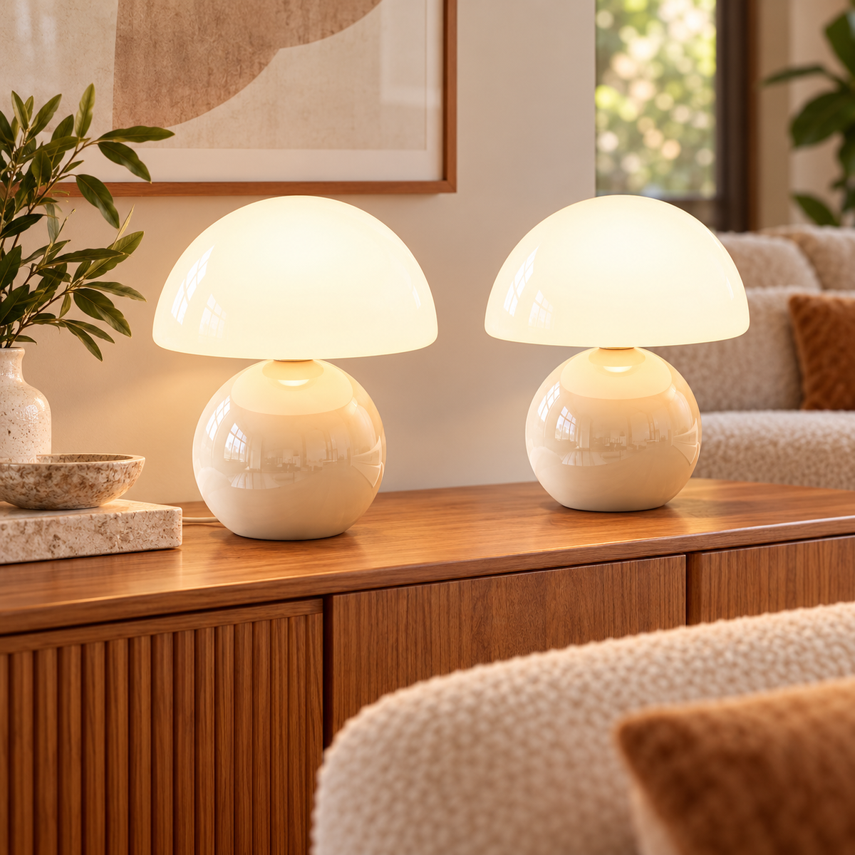 Two cream ceramic mushroom lamps with white glass dome shades on wooden furniture in a naturally lit living room.