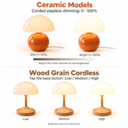 Brightness guide comparing stepless inline dimming on ceramic lamps with low, medium and high touch settings on the wood-grain cordless lamp.