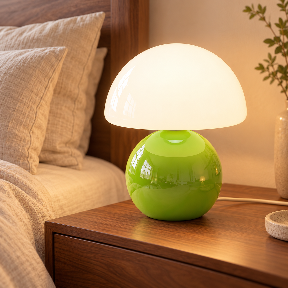Green ceramic mushroom lamp with a glossy rounded base and a white glass dome shade on wooden bedside furniture in a softly lit bedroom.