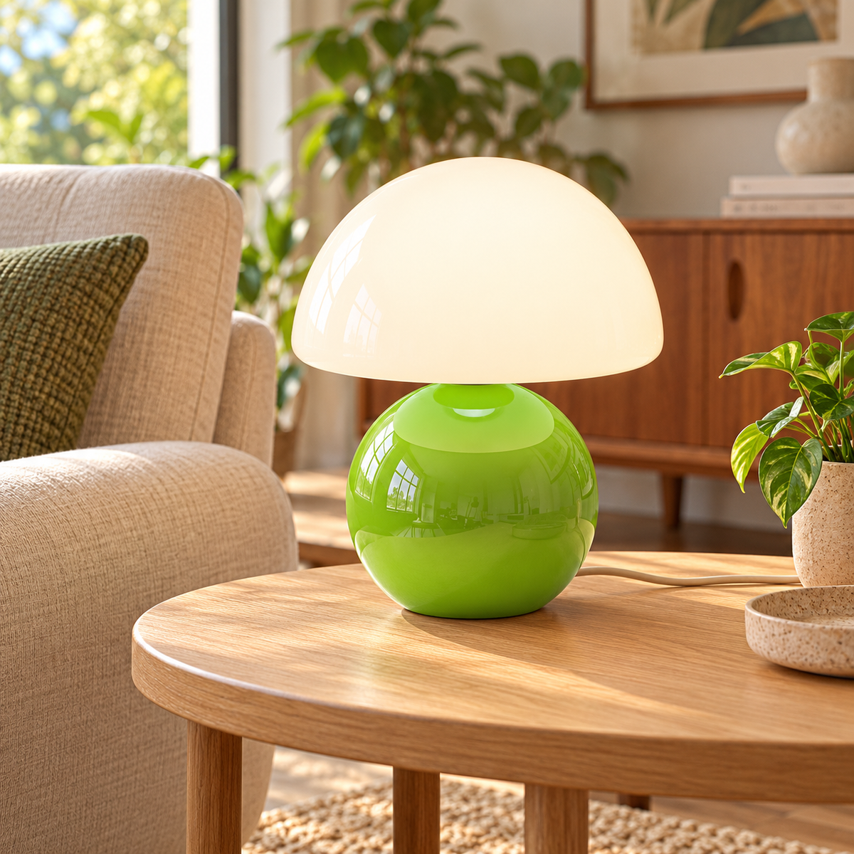 Green ceramic mushroom lamp with a glossy rounded base and a white glass dome shade on wooden furniture in a naturally lit living room.