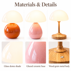 Glass dome shade, smooth and crackle-glazed ceramic bases, and wood-grain metal lamp body shown with close-up details.