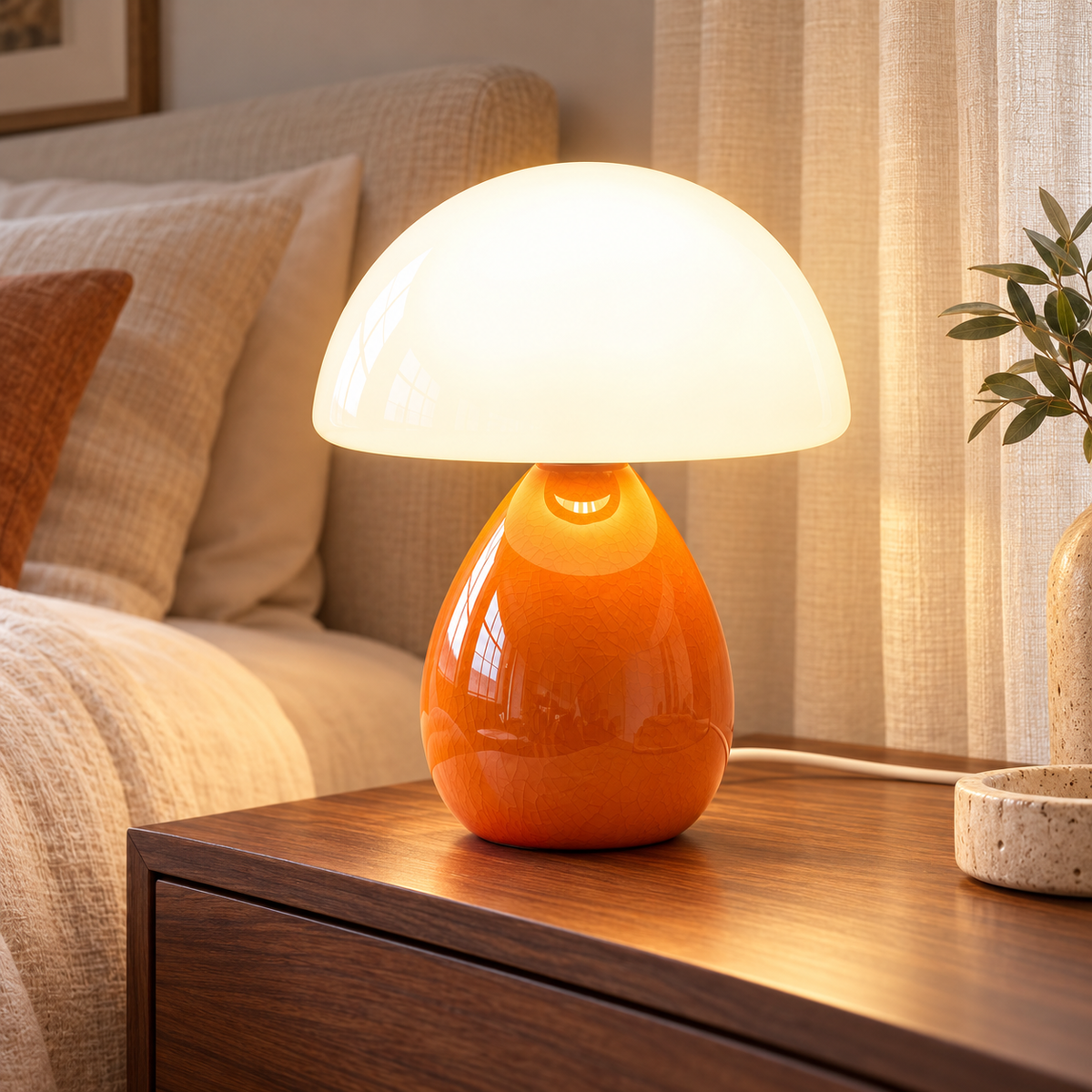 Orange-Ice Crackle ceramic mushroom lamp with a crackle-glazed teardrop base and a white glass dome shade on wooden bedside furniture in a softly lit bedroom.