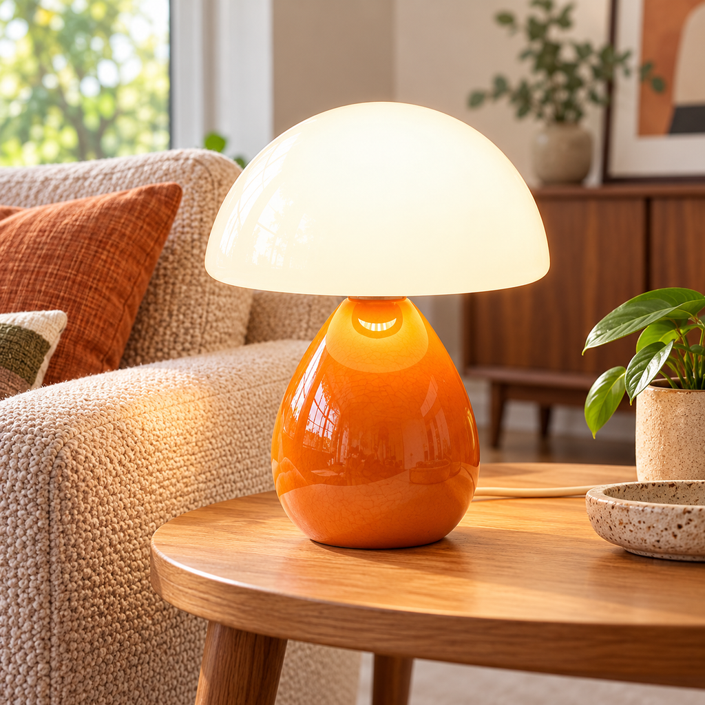 Orange-Ice Crackle ceramic mushroom lamp with a crackle-glazed teardrop base and a white glass dome shade on wooden furniture in a naturally lit living room.