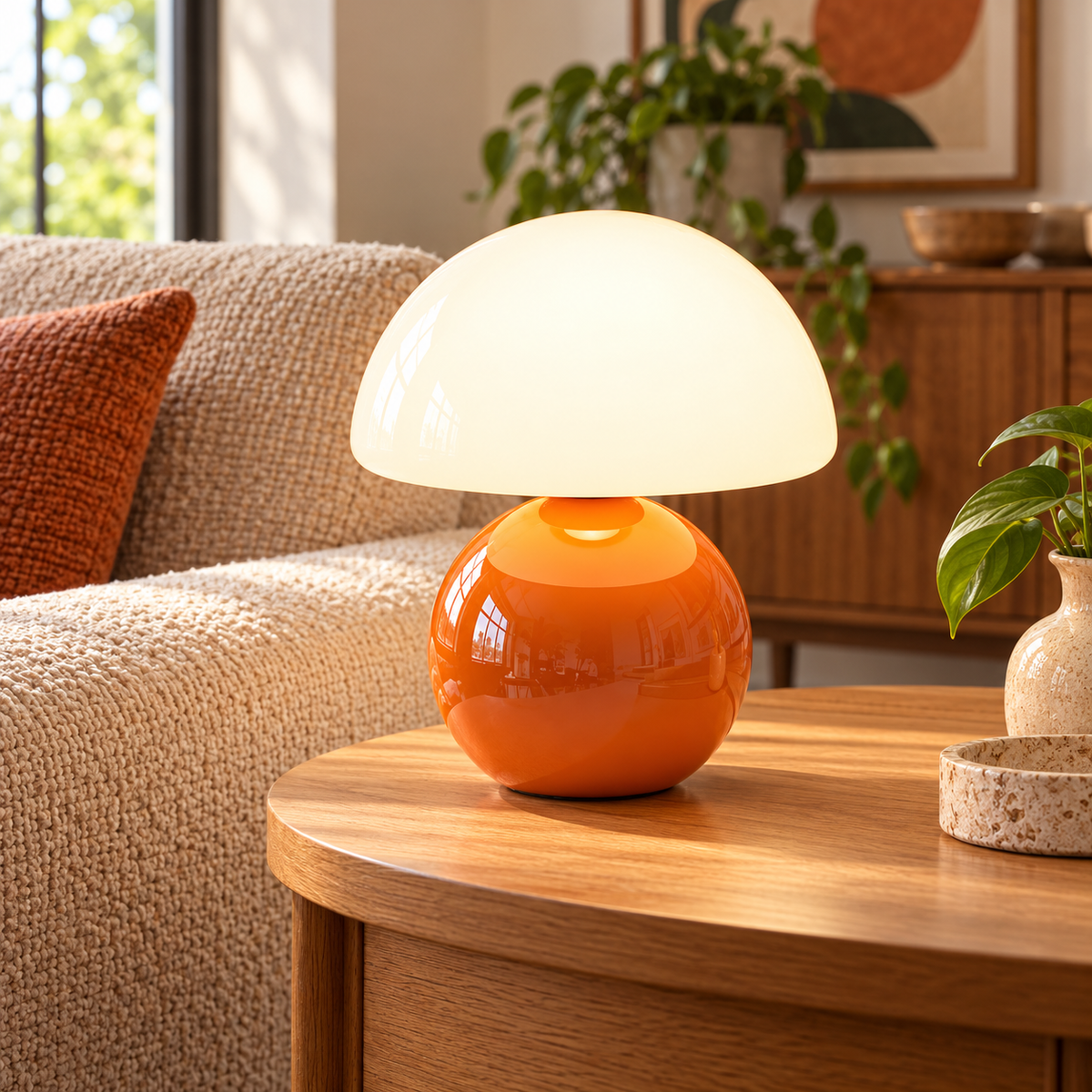 Orange ceramic mushroom lamp with a glossy rounded base and a white glass dome shade on wooden furniture in a naturally lit living room.