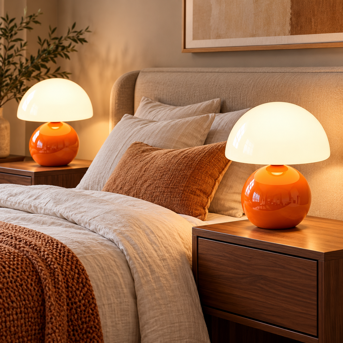Two orange ceramic mushroom lamps with white glass dome shades on wooden bedside furniture in a softly lit bedroom.