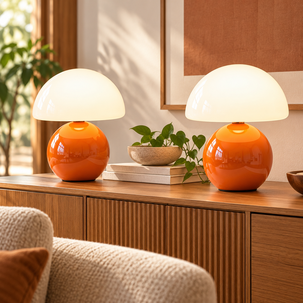 Two orange ceramic mushroom lamps with white glass dome shades on wooden furniture in a naturally lit living room.