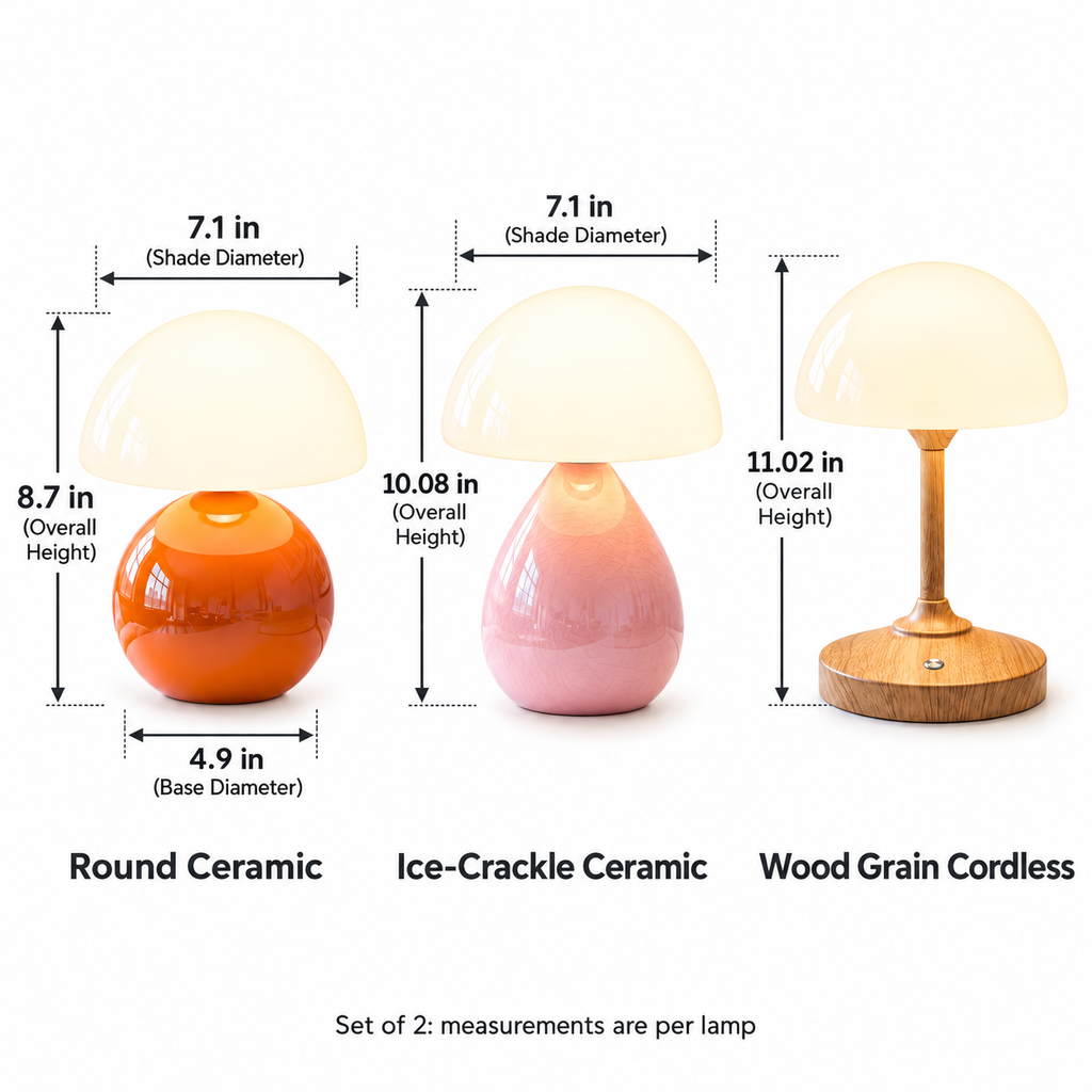 White-background size comparison: round ceramic lamp 8.7 inches high, ice-crackle lamp 10.08 inches high, and wood-grain cordless lamp 11.02 inches high.