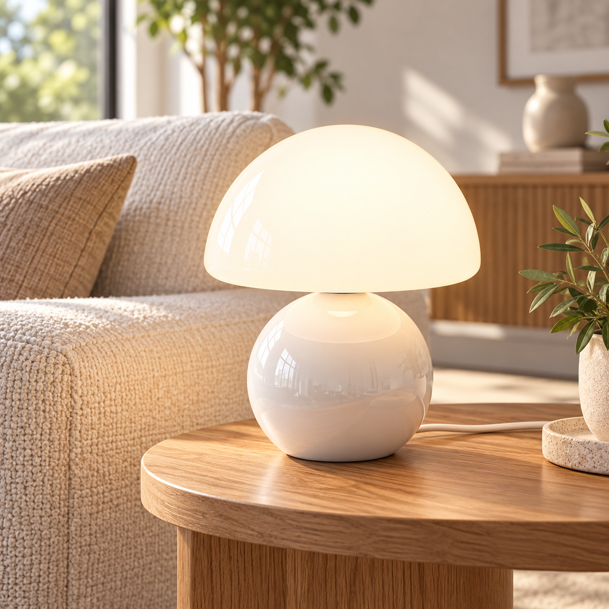White ceramic mushroom lamp with a glossy rounded base and a white glass dome shade on wooden furniture in a naturally lit living room.