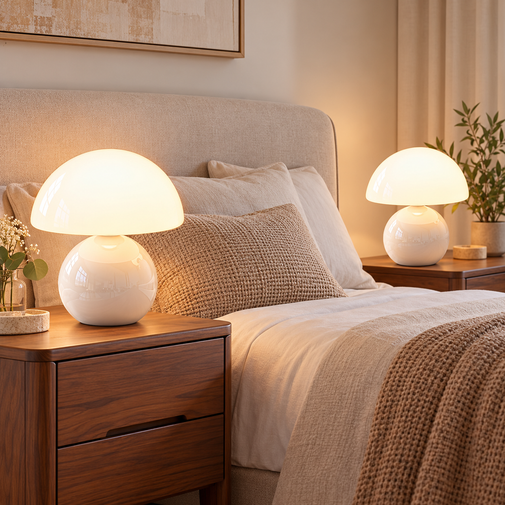 Two white ceramic mushroom lamps with white glass dome shades on wooden bedside furniture in a softly lit bedroom.