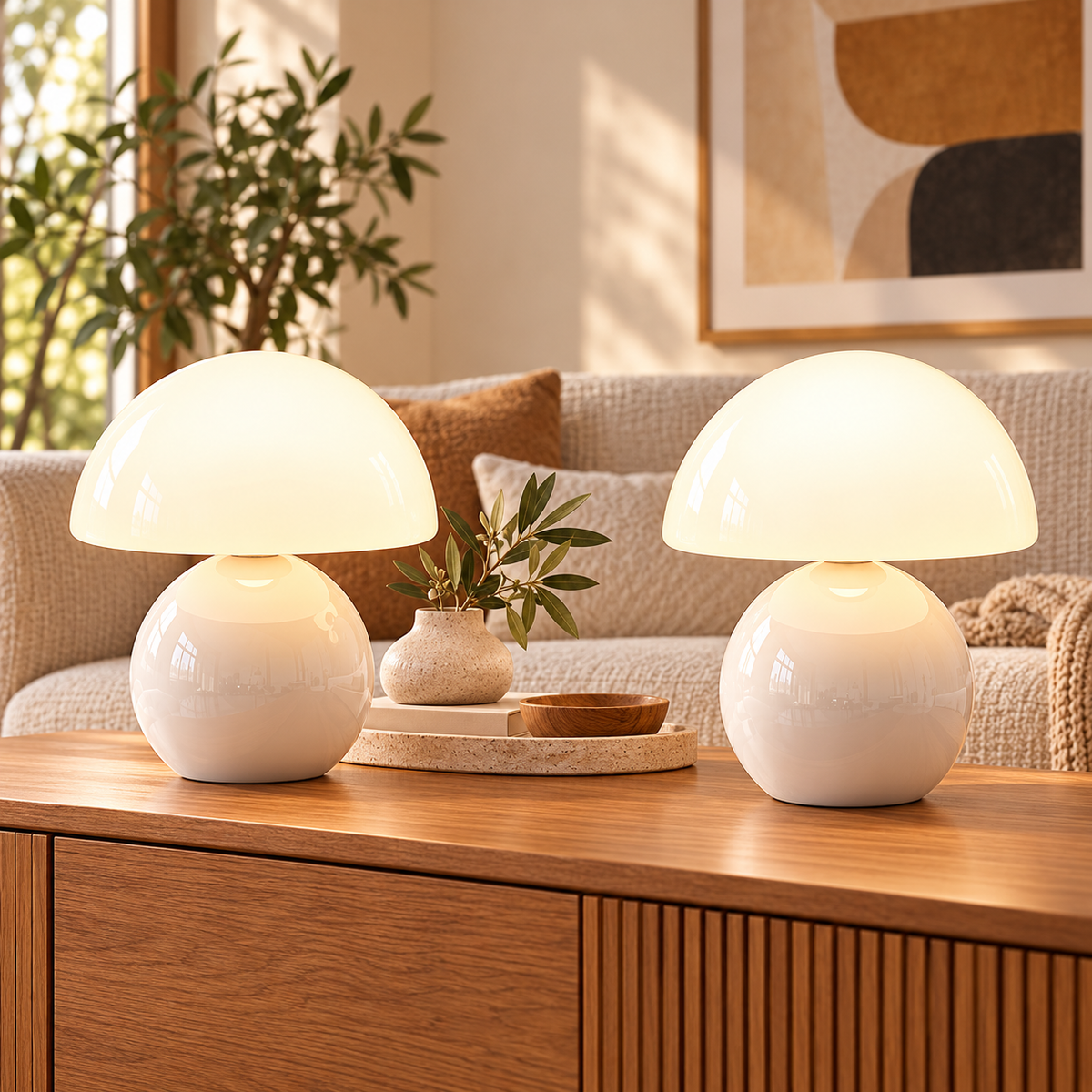 Two white ceramic mushroom lamps with white glass dome shades on wooden furniture in a naturally lit living room.