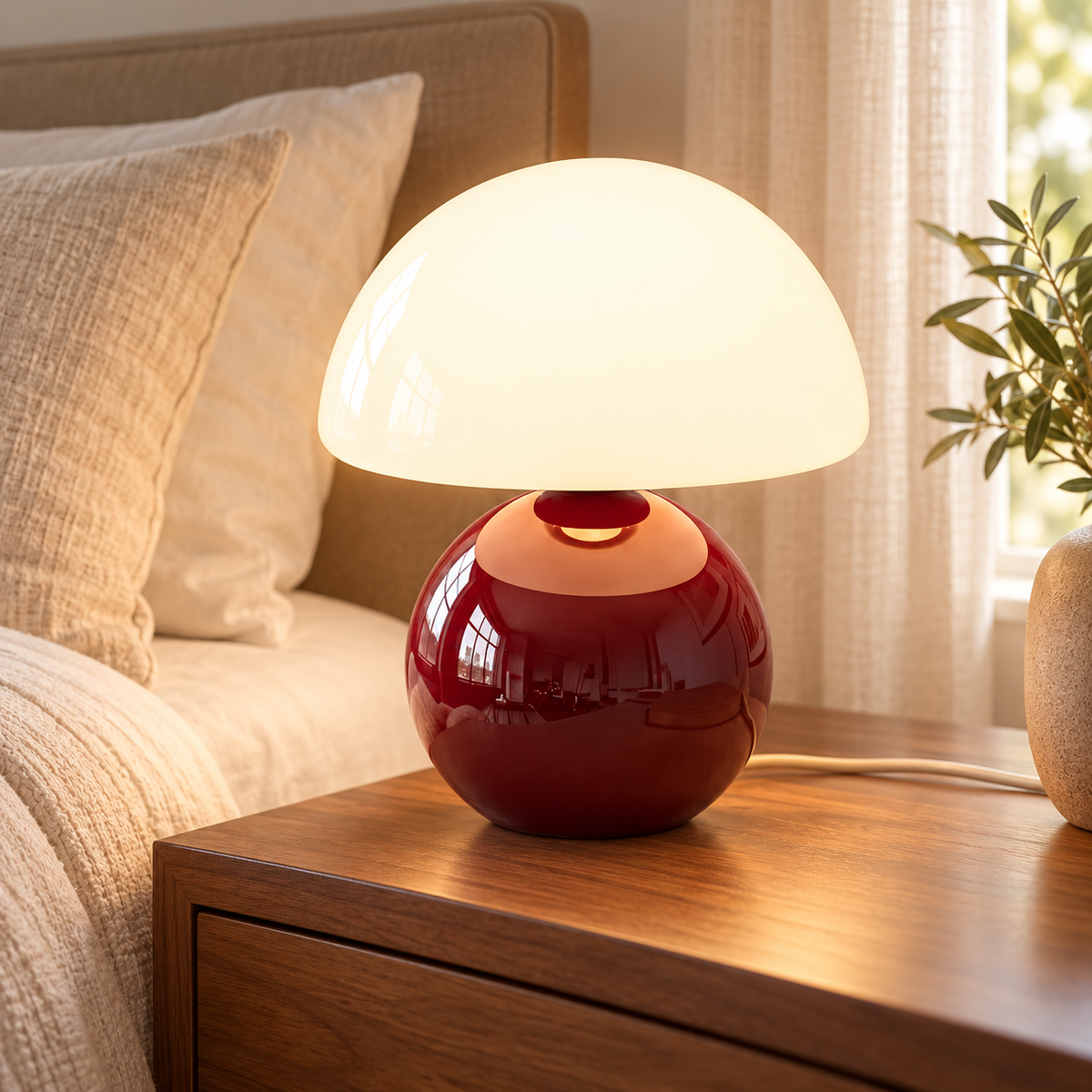 Wine Red ceramic mushroom lamp with a glossy rounded base and a white glass dome shade on wooden bedside furniture in a softly lit bedroom.