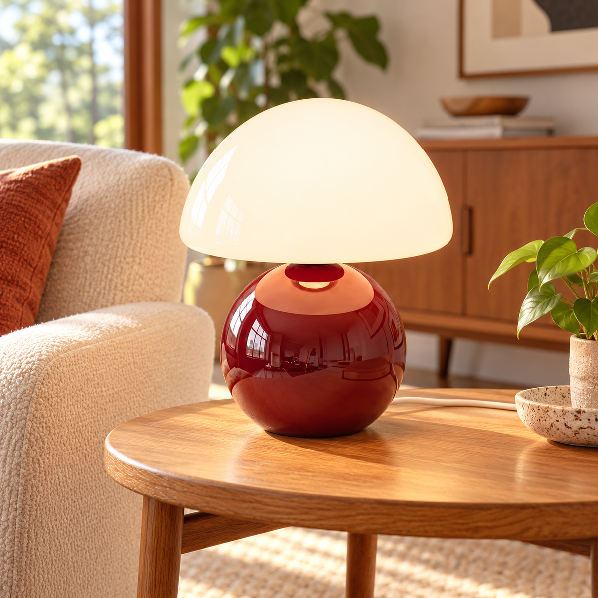 Wine Red ceramic mushroom lamp with a glossy rounded base and a white glass dome shade on wooden furniture in a naturally lit living room.