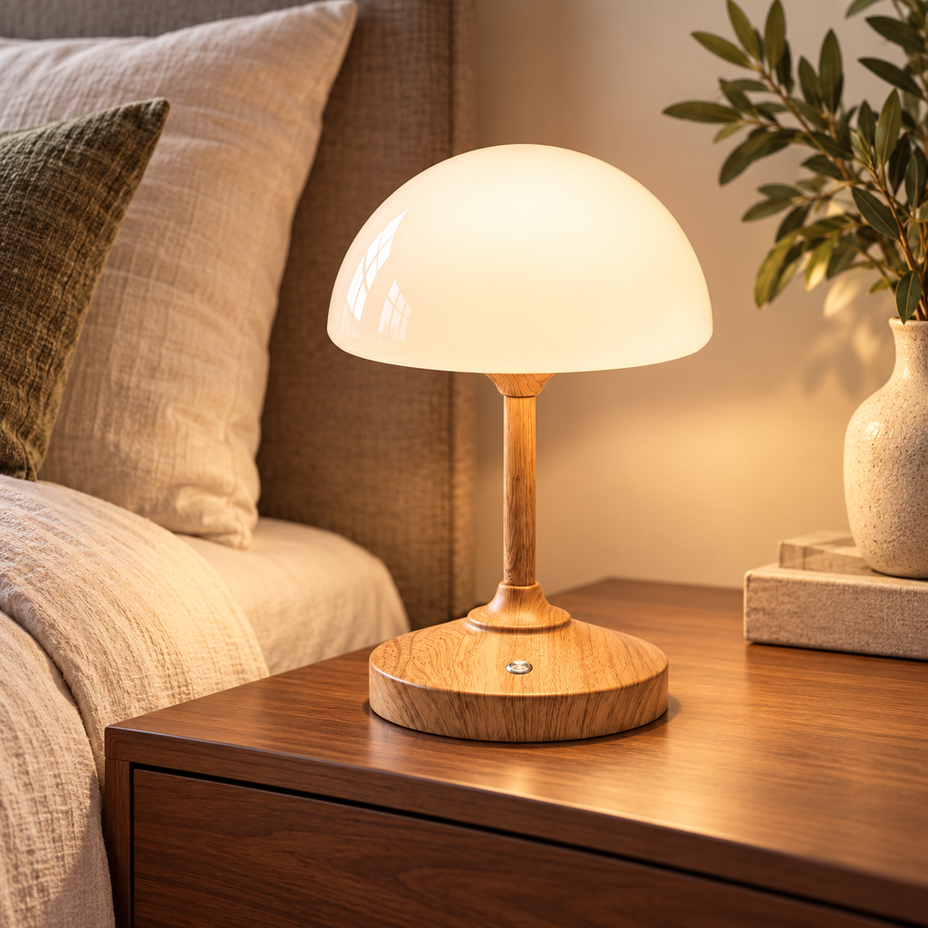 Wood-grain cordless mushroom lamp with a slender metal stem, round base and glass dome on wooden bedside furniture in a softly lit bedroom.