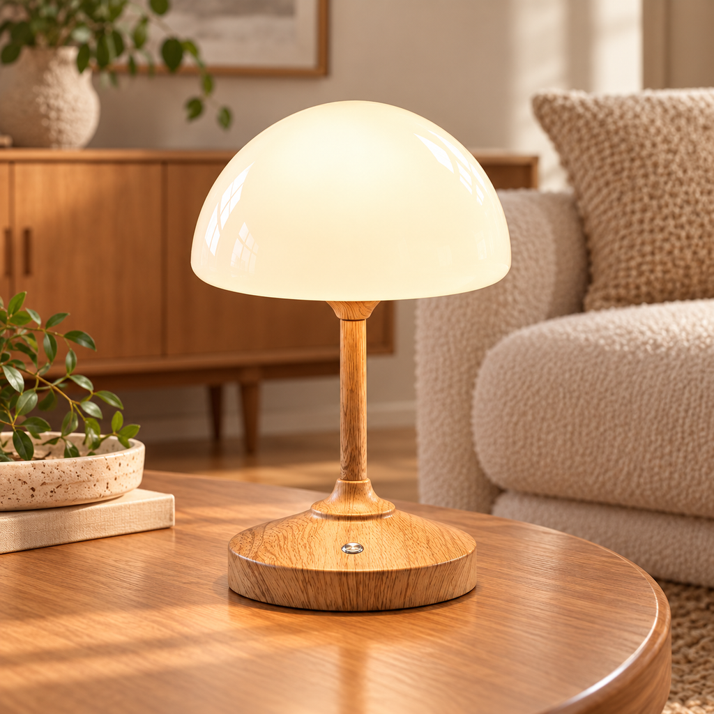 Wood-grain cordless mushroom lamp with a slender metal stem, round base and glass dome on wooden furniture in a naturally lit living room.