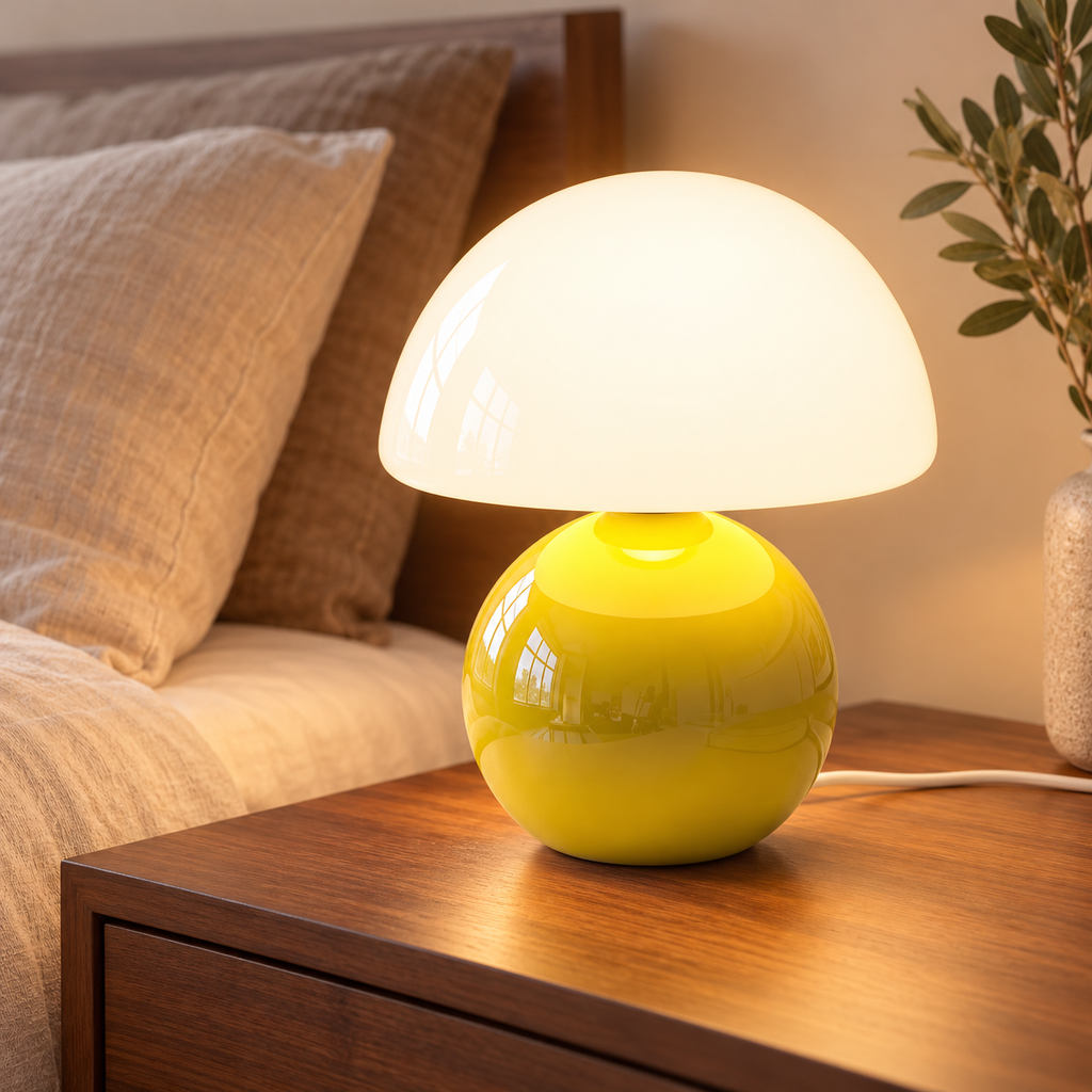 Yellow ceramic mushroom lamp with a glossy rounded base and a white glass dome shade on wooden bedside furniture in a softly lit bedroom.