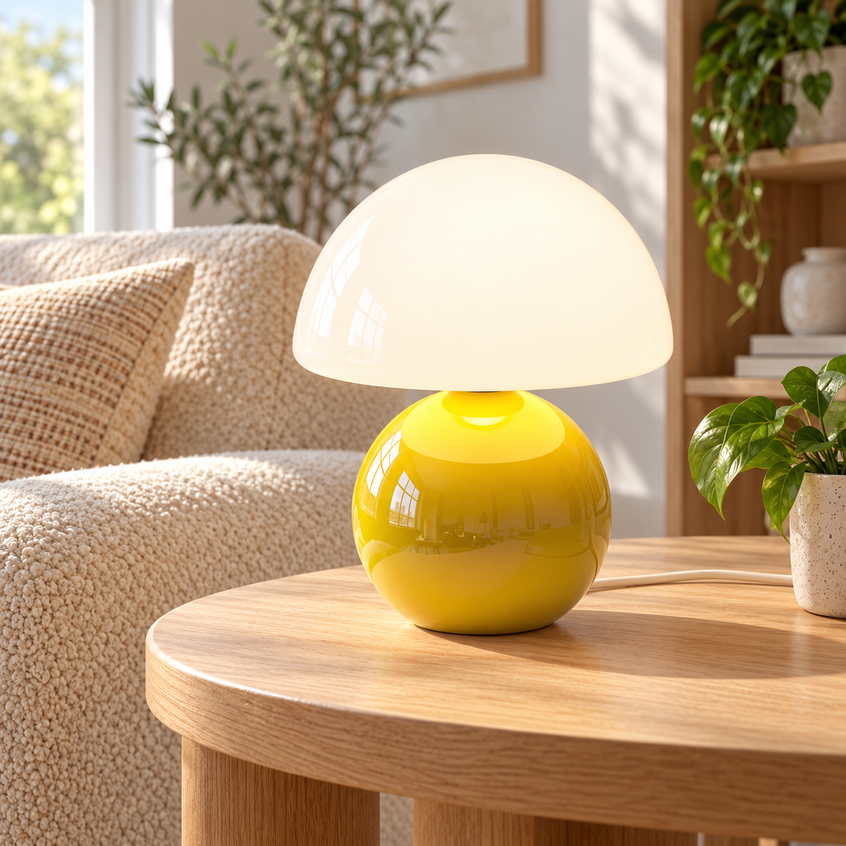 Yellow ceramic mushroom lamp with a glossy rounded base and a white glass dome shade on wooden furniture in a naturally lit living room.