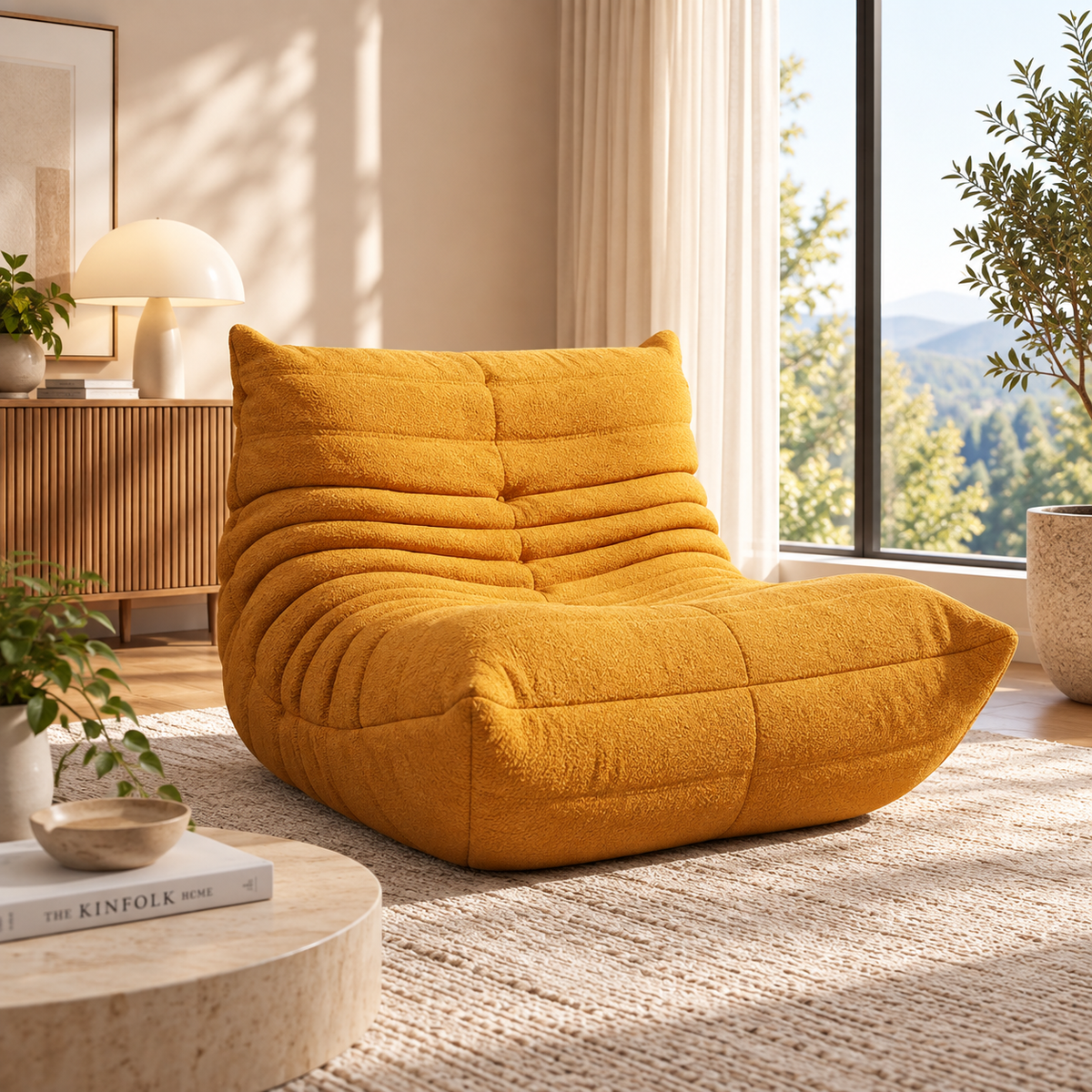 HavvakHome mustard yellow bouclé lounge chair in a modern living room setting