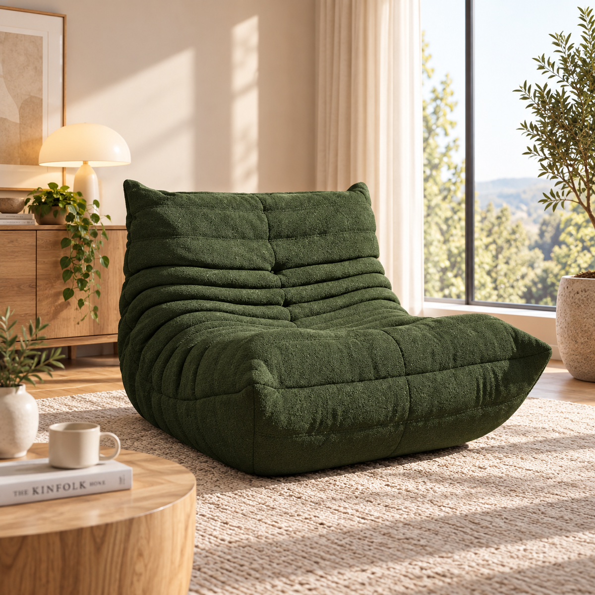 HavvakHome olive green bouclé lounge chair in a modern living room setting.
