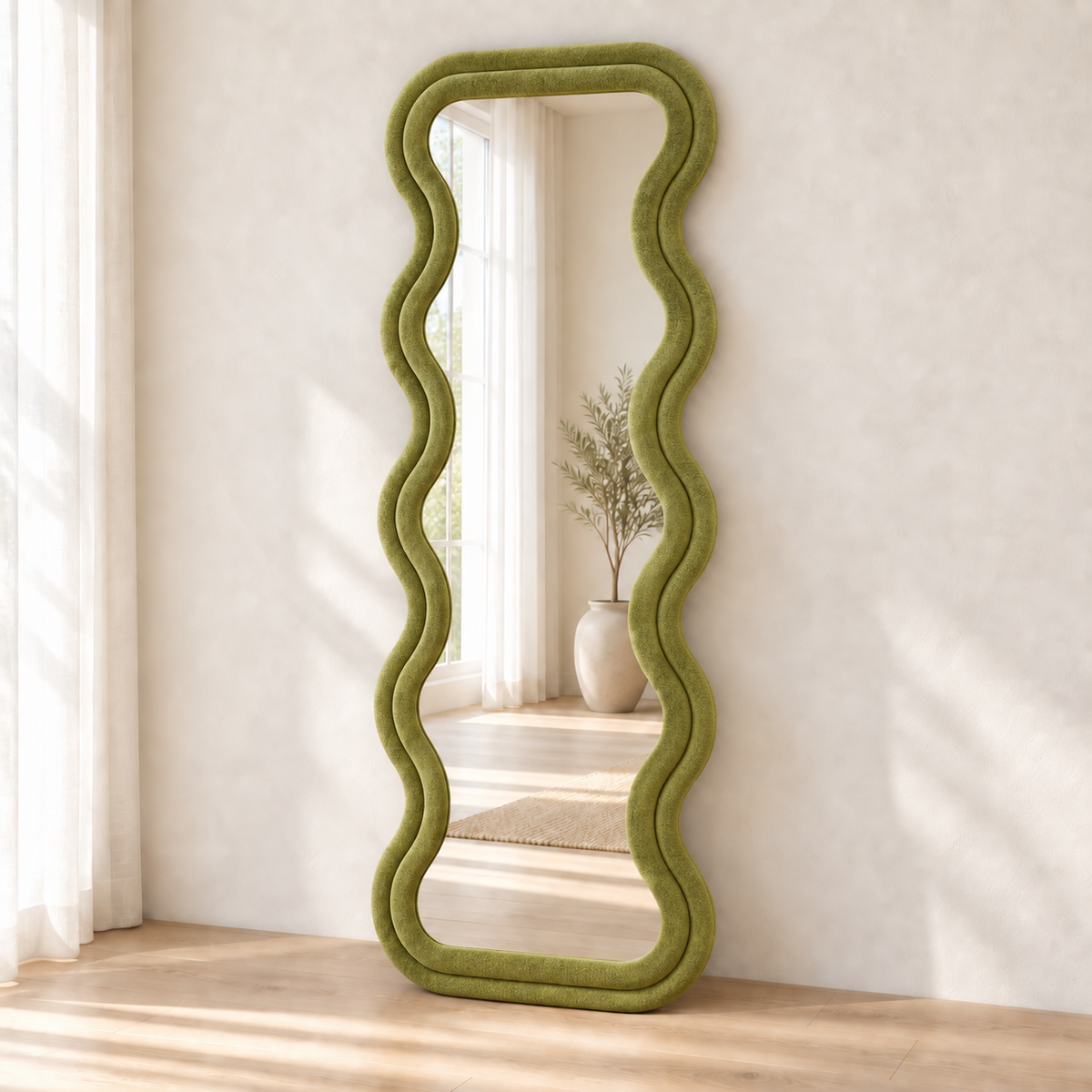 HavvakHome olive green wavy full-length floor mirror in a modern room setting