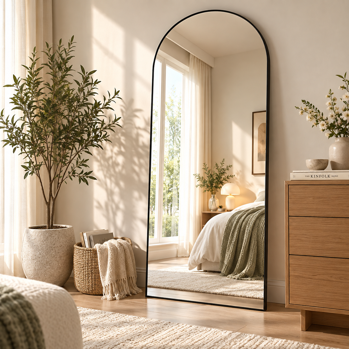 Black frame arched standing mirror reflecting a bed beside a potted tree, woven basket, and wood dresser by HavvakHome.