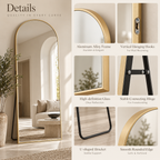 Gold arched mirror detail collage showing frame curve, hanging hook, glass corner, connecting hinge, U-shaped stand, and rounded edge by HavvakHome.