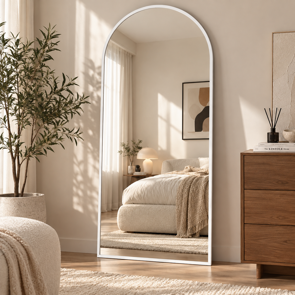 Silver or white thin-frame arched floor mirror leaning against a bedroom wall beside a wood dresser, reflecting a bed by HavvakHome.