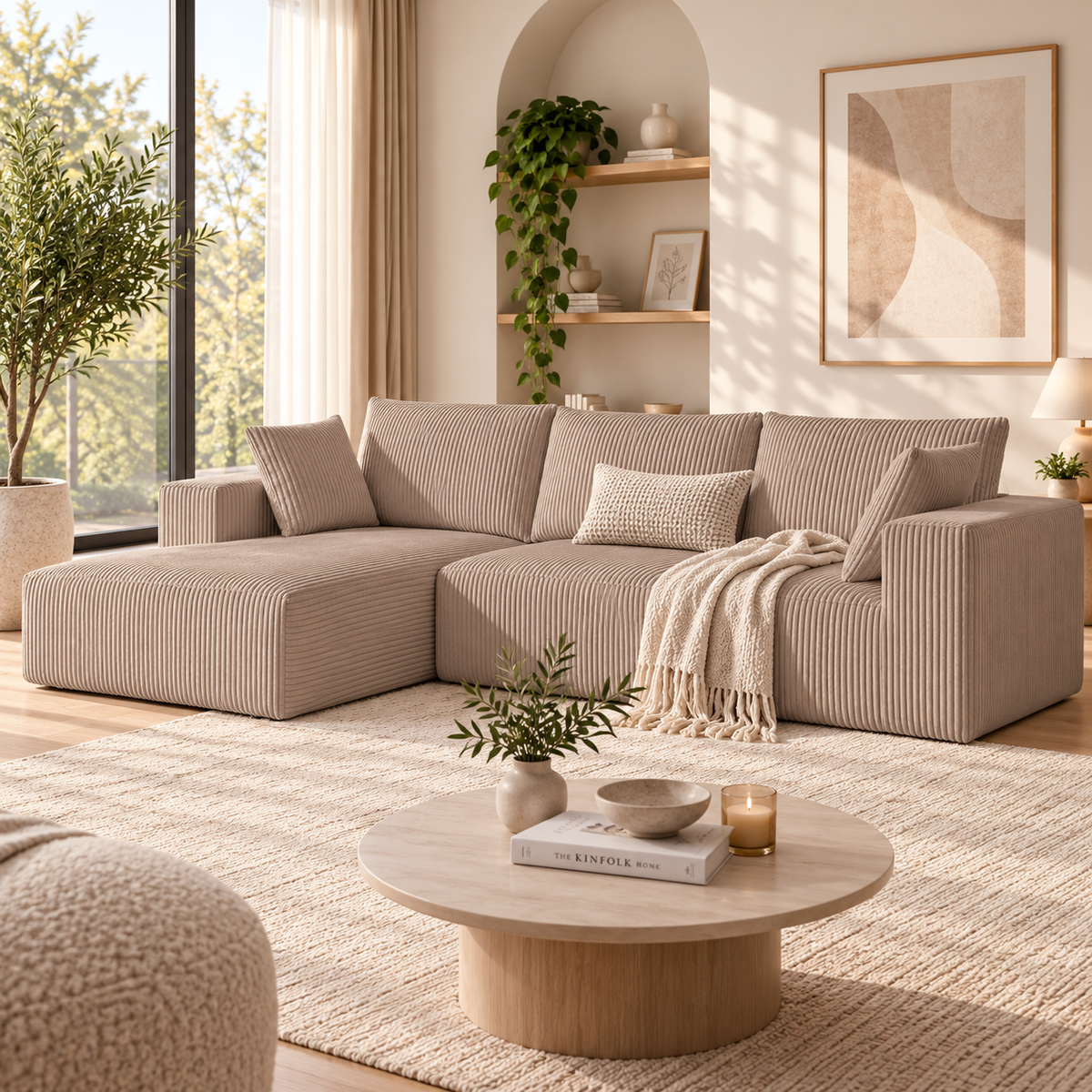 Beige ribbed L-shaped sectional sofa featuring a left-facing chaise, a cream fringed throw blanket, and a lumbar pillow in a sunny living room with a round wood coffee table by HavvakHome.