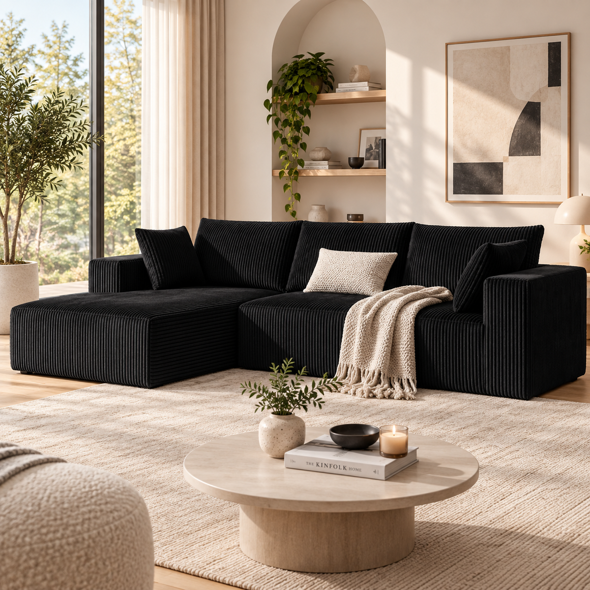 Black ribbed L-shaped sectional sofa with a chaise on the left, styled with a cream lumbar pillow and knit throw, resting on a beige rug next to a round coffee table by HavvakHome.