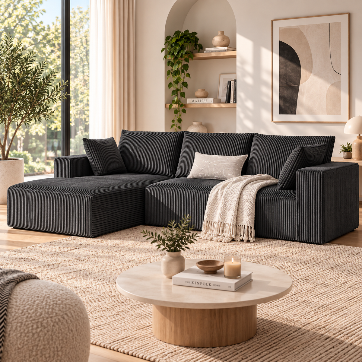 Charcoal gray ribbed L-shaped sectional sofa with a left chaise, featuring a cream pillow and throw, in a living room decorated with plants, abstract wall art, and a round wood coffee table by HavvakHome.