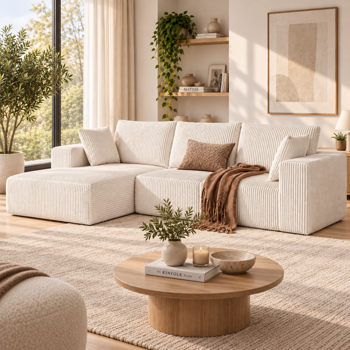 Cream ribbed L-shaped sectional sofa with a chaise lounge on the left, a brown throw blanket, and a lumbar pillow, placed in a bright living room with a round wooden coffee table by HavvakHome.