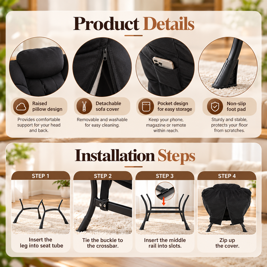 Black lounge chair product details and installation infographic showing raised head cushion, zipper, side phone pocket, foot pad, and four metal frame assembly steps by HavvakHome.