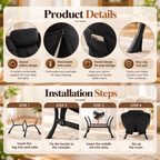Black lounge chair product details and installation infographic showing raised head cushion, zipper, side phone pocket, foot pad, and four metal frame assembly steps by HavvakHome.