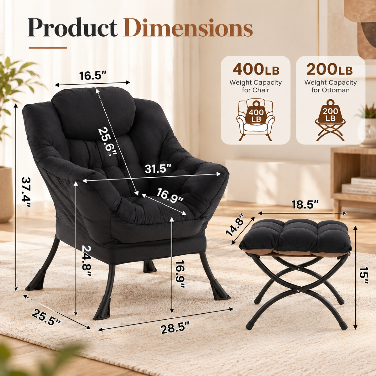Black lounge chair and matching ottoman dimensions infographic showing labeled measurement arrows by HavvakHome.