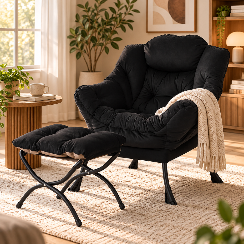 Black padded lounge chair with matching ottoman and cream throw over right arm, positioned beside a wooden side table and plants near a sunny window by HavvakHome.