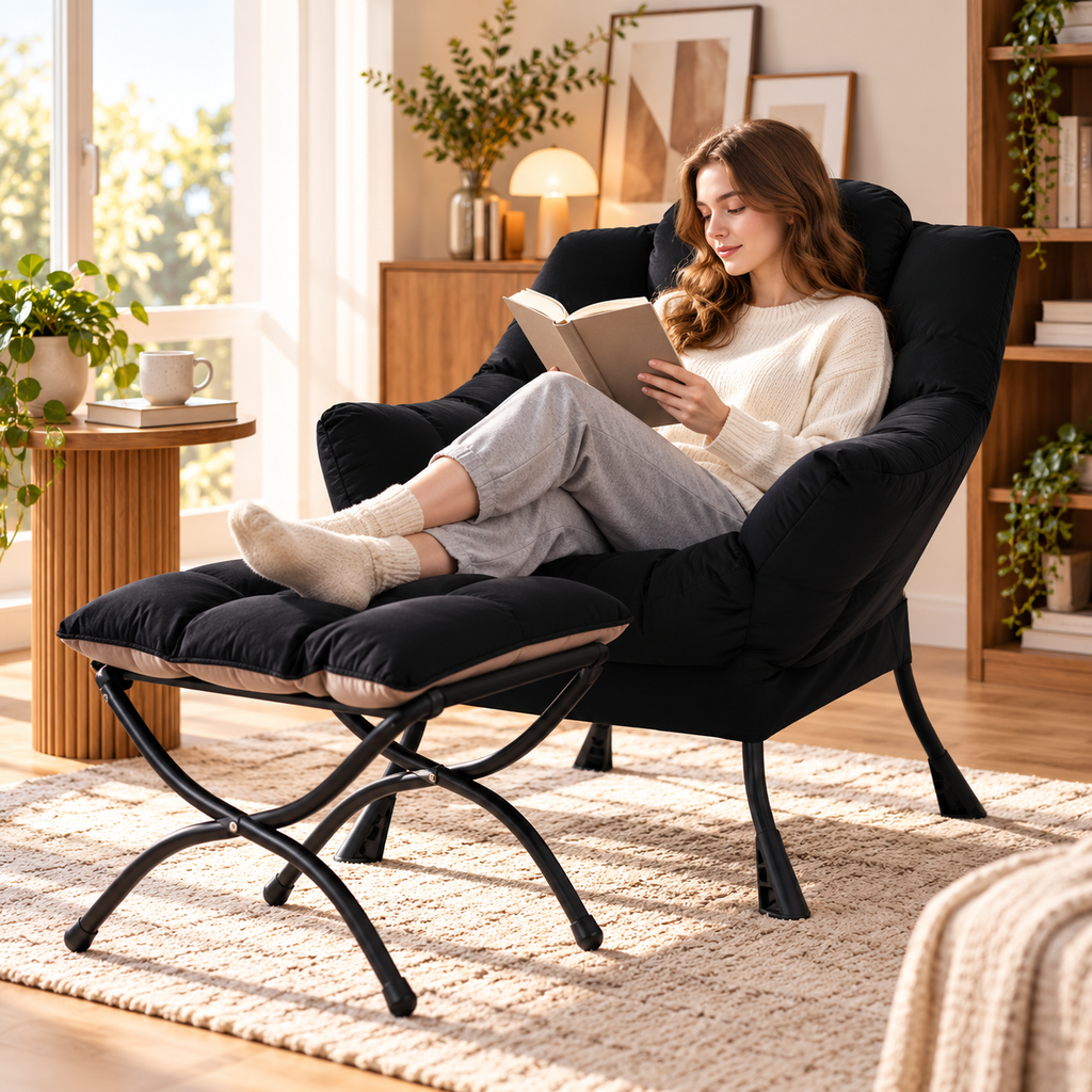 Woman reading in a black lounge chair with feet on a black padded ottoman beside a wood side table and bookshelf in a sunlit living room by HavvakHome.