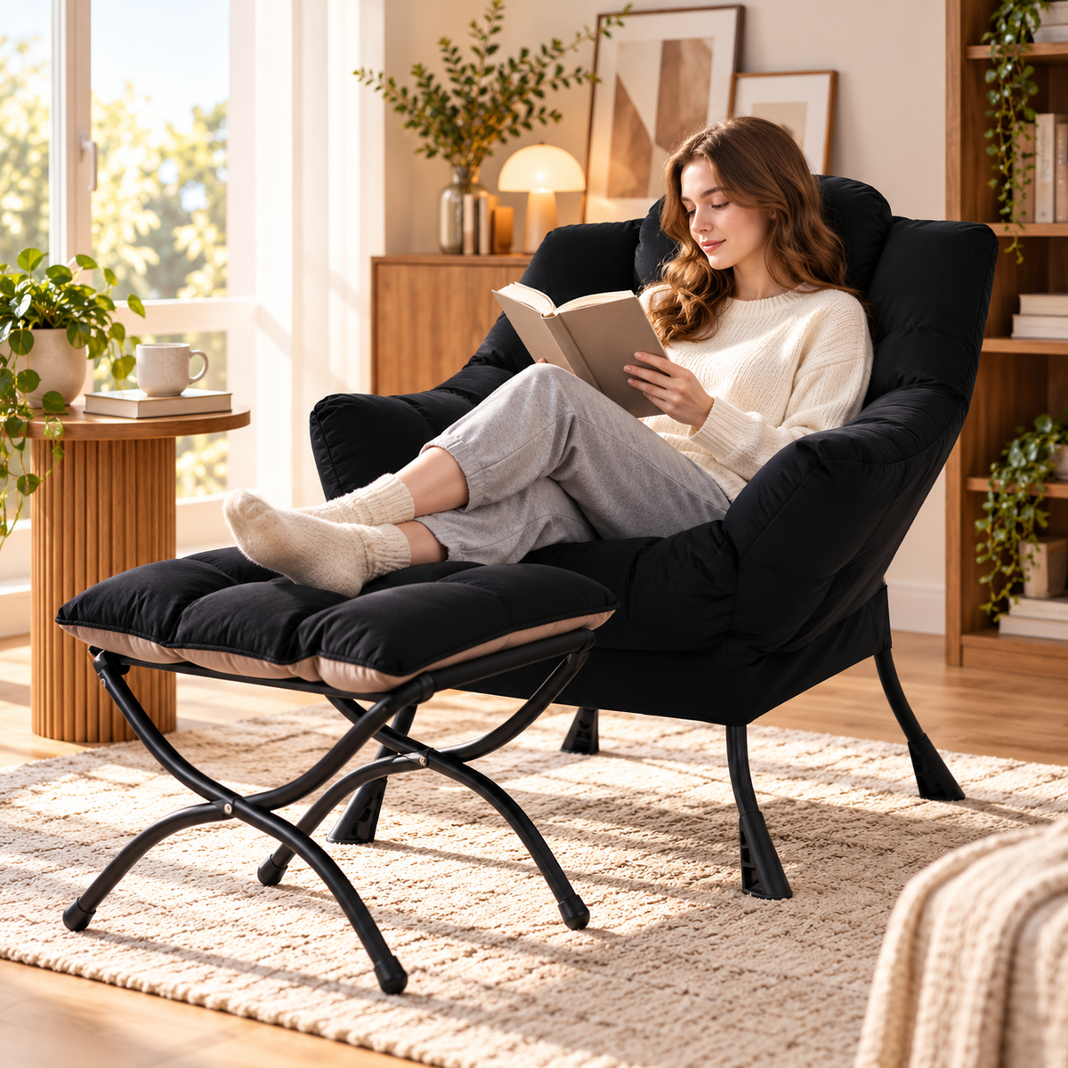 Woman reading in a black lounge chair with feet on a black padded ottoman beside a wood side table and bookshelf in a sunlit living room by HavvakHome.