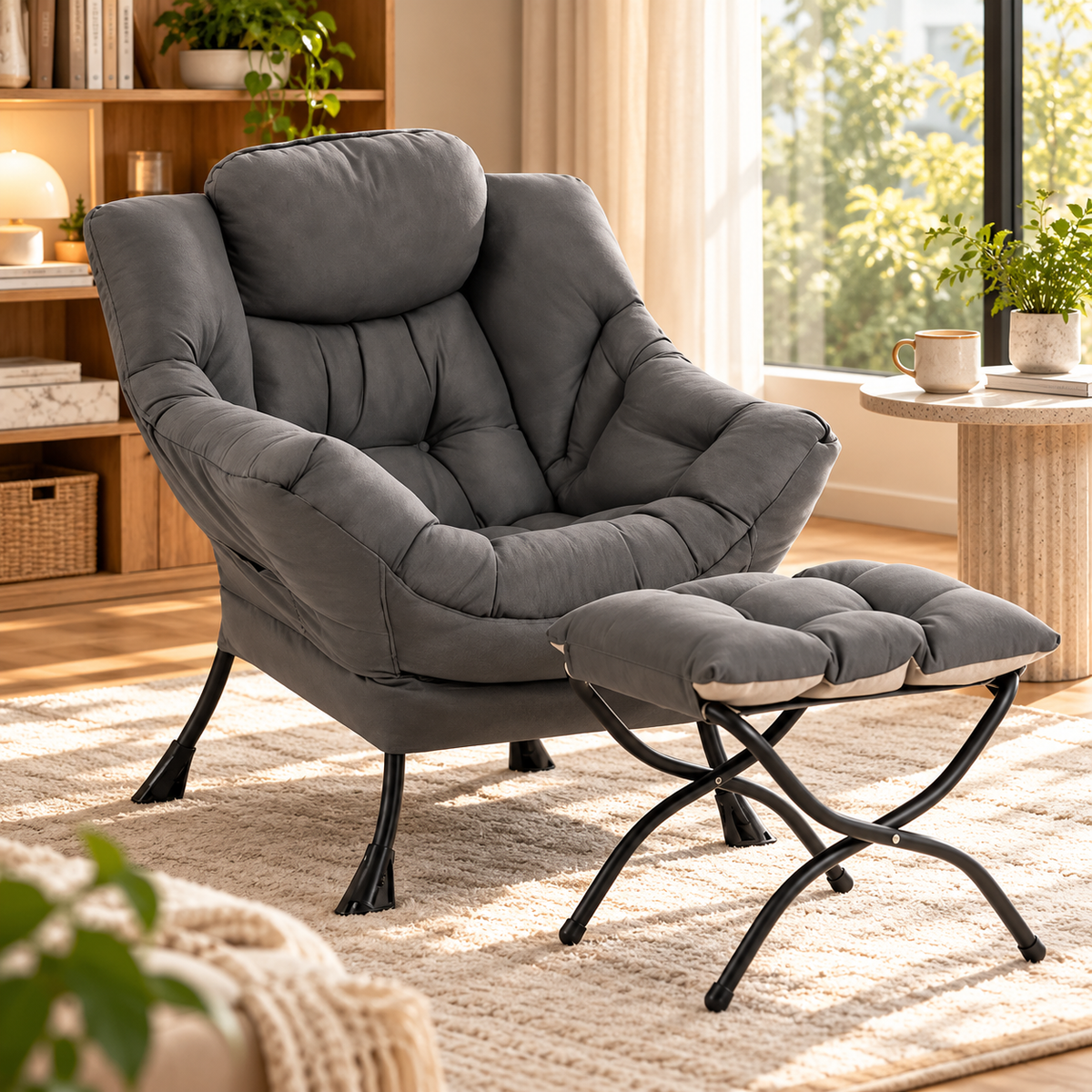 Gray lounge chair and matching tufted foldable ottoman with black metal legs near a wood bookshelf and round side table by a bright window by HavvakHome.
